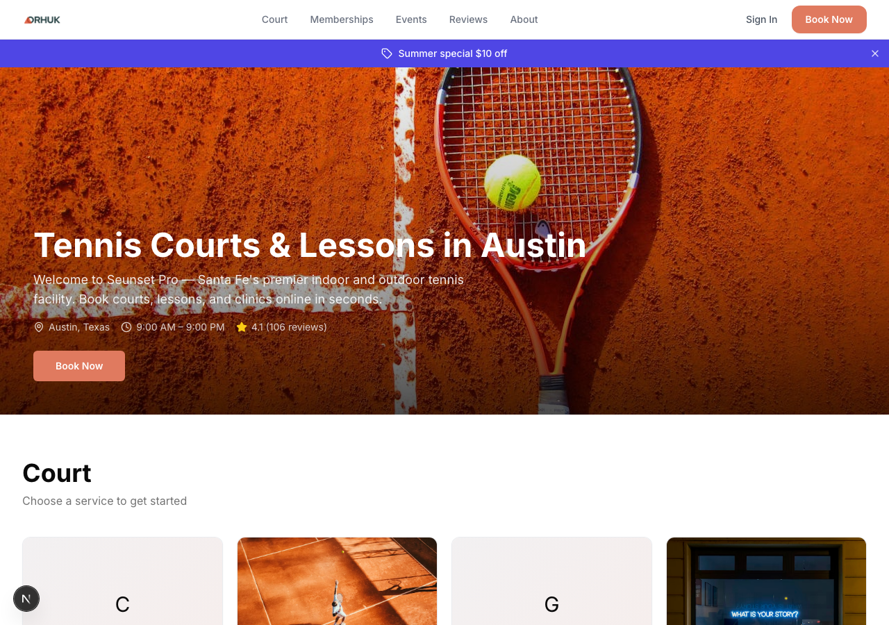 Booking page home showing available tennis sessions and court slots