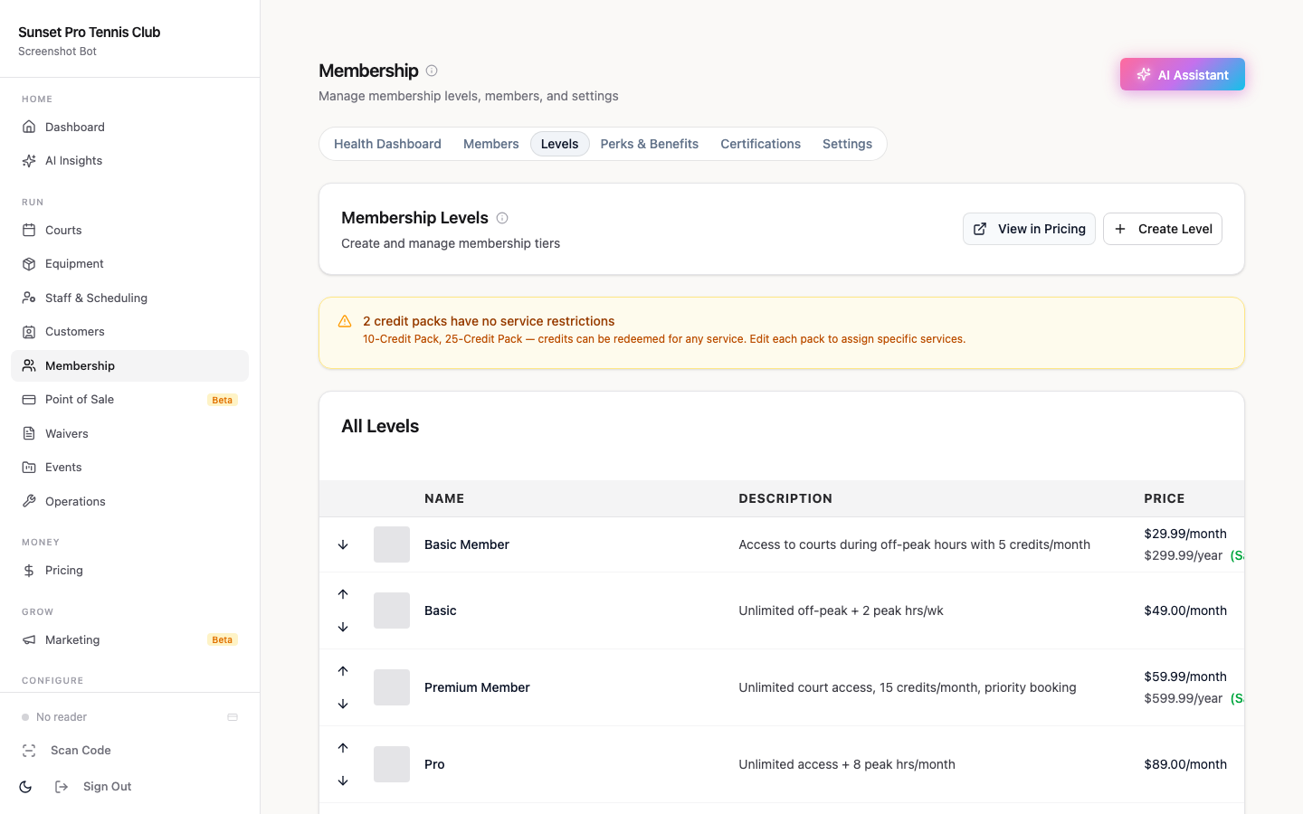 Membership level access configuration