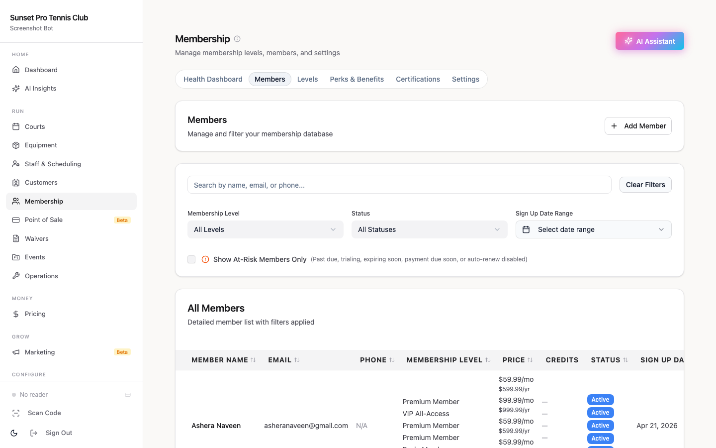 Membership list and renewal status