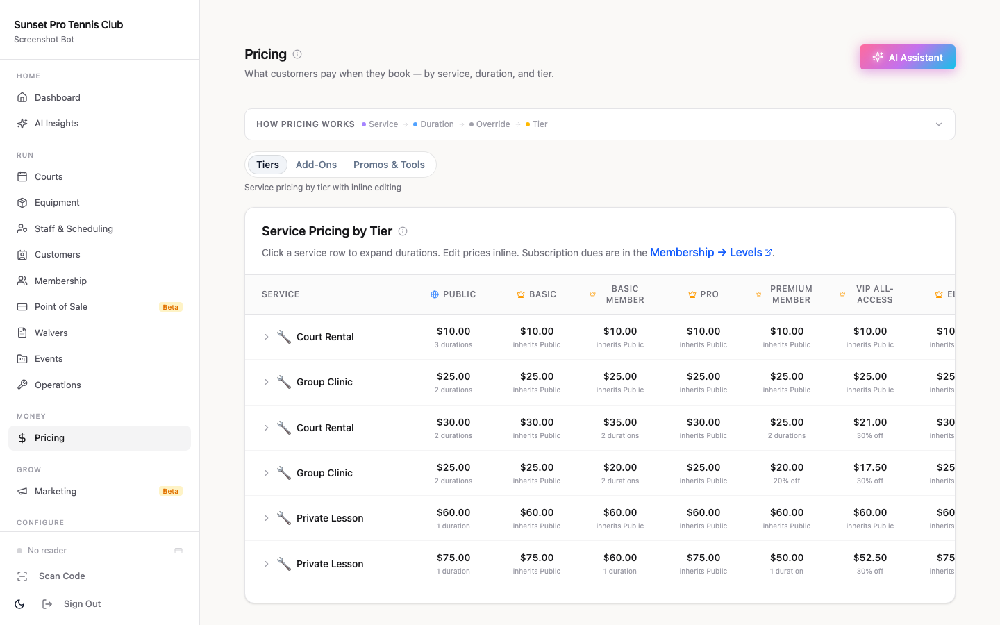 Pricing tiers showing seasonal indoor and outdoor rate configurations