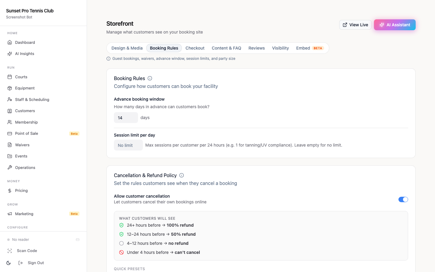 Storefront booking rules configuration