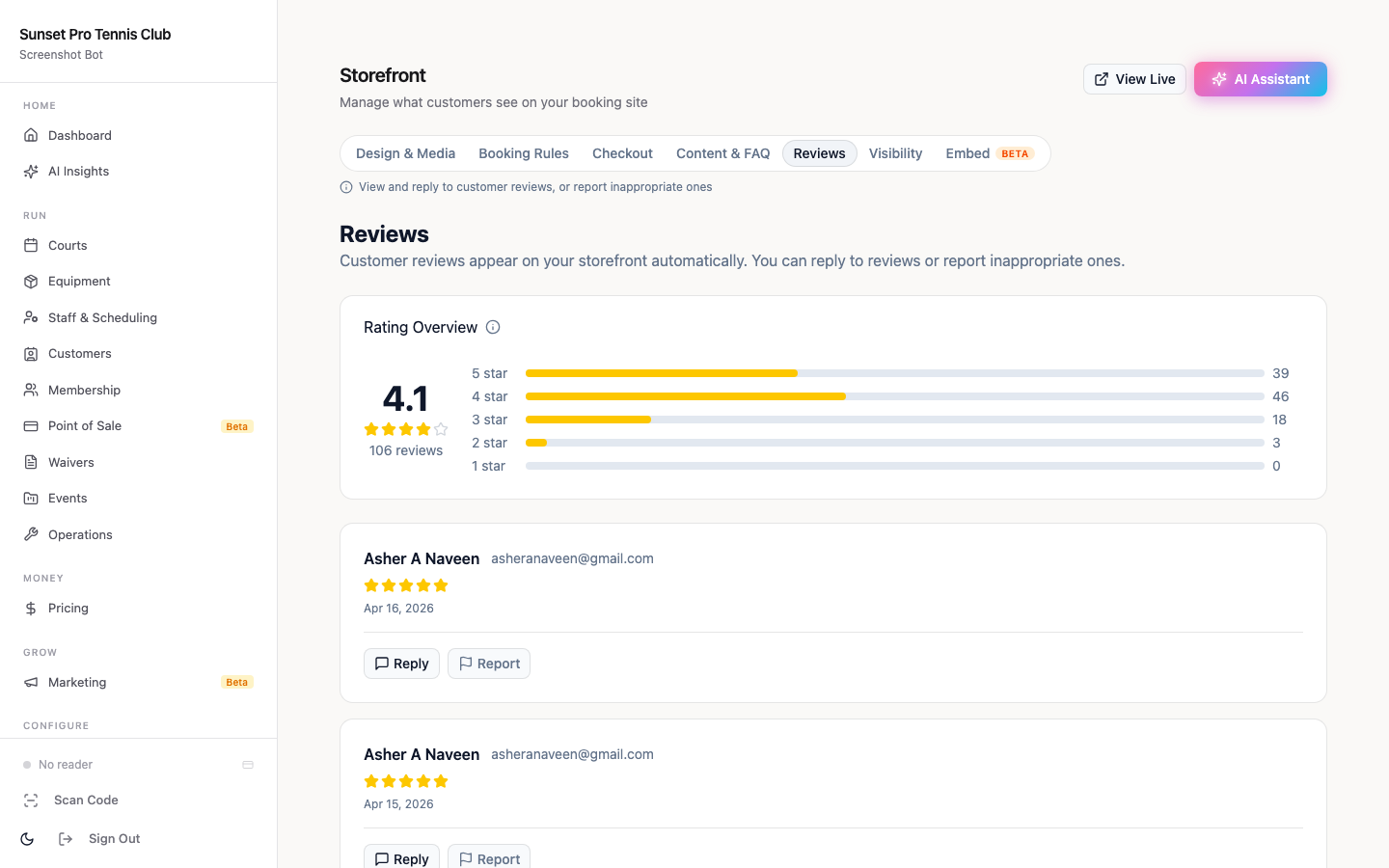 Storefront review display showing player ratings and recent feedback