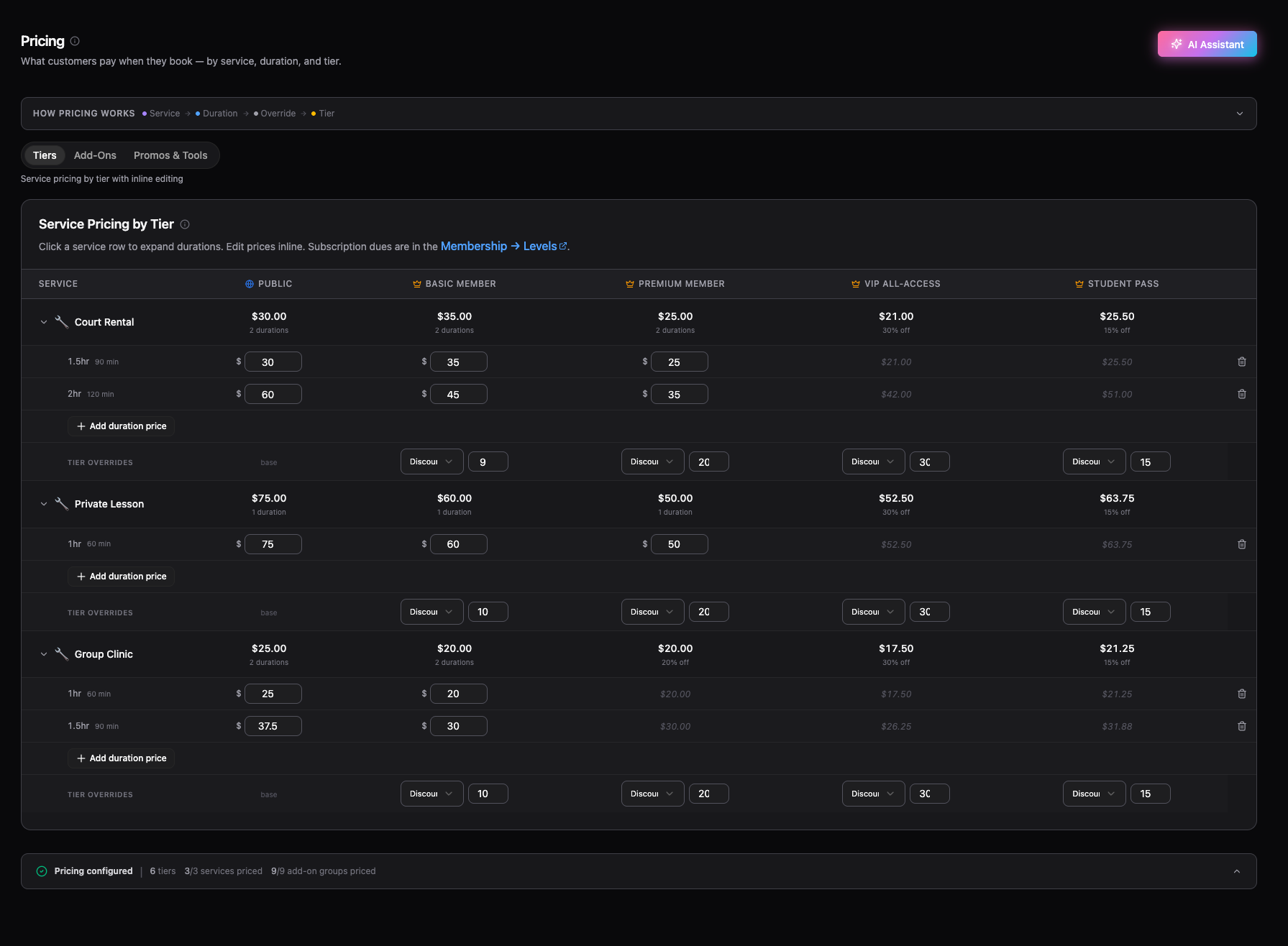 Pricing and promotions module showing session pack tiers