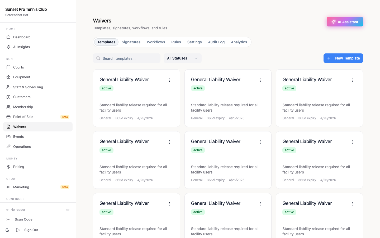 Digital waiver templates for new tennis club member onboarding